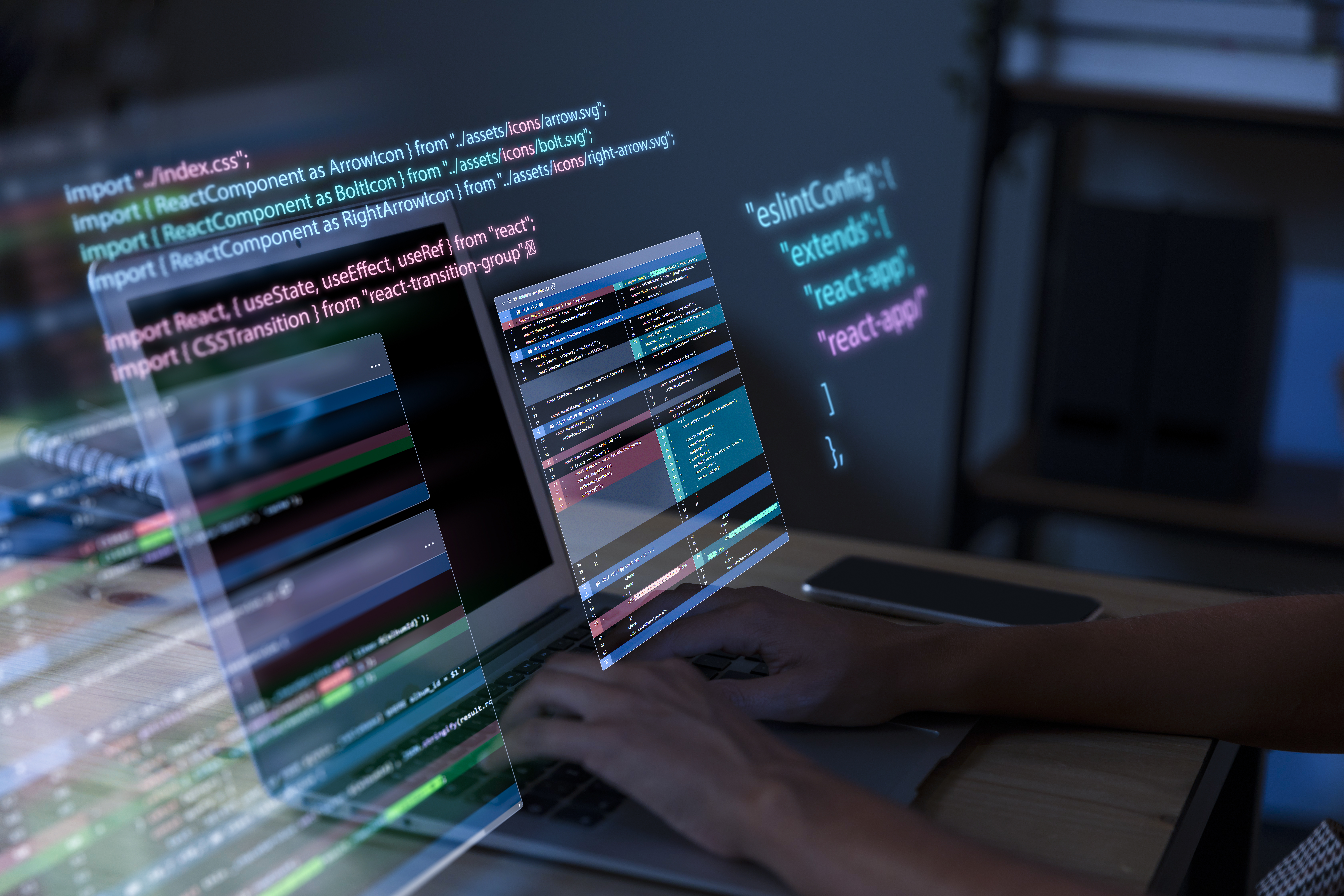 Comparaison des frameworks front-end : icônes de React, Angular et Vue.js avec une flèche indiquant leurs différences et leurs similitudes.