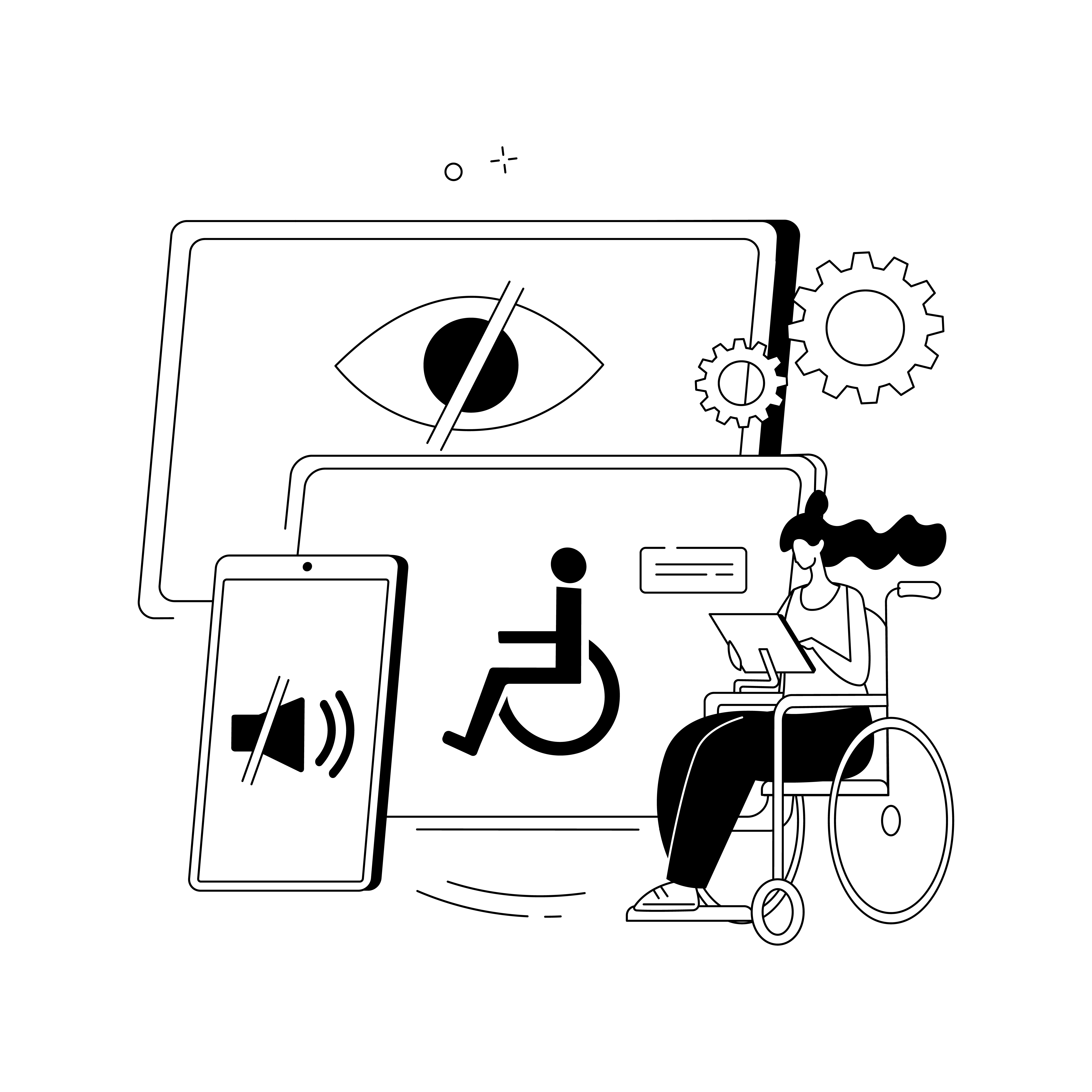 Illustration des bonnes pratiques en accessibilité web : une personne utilisant un ordinateur avec des caractéristiques d'accessibilité clairement visibles.